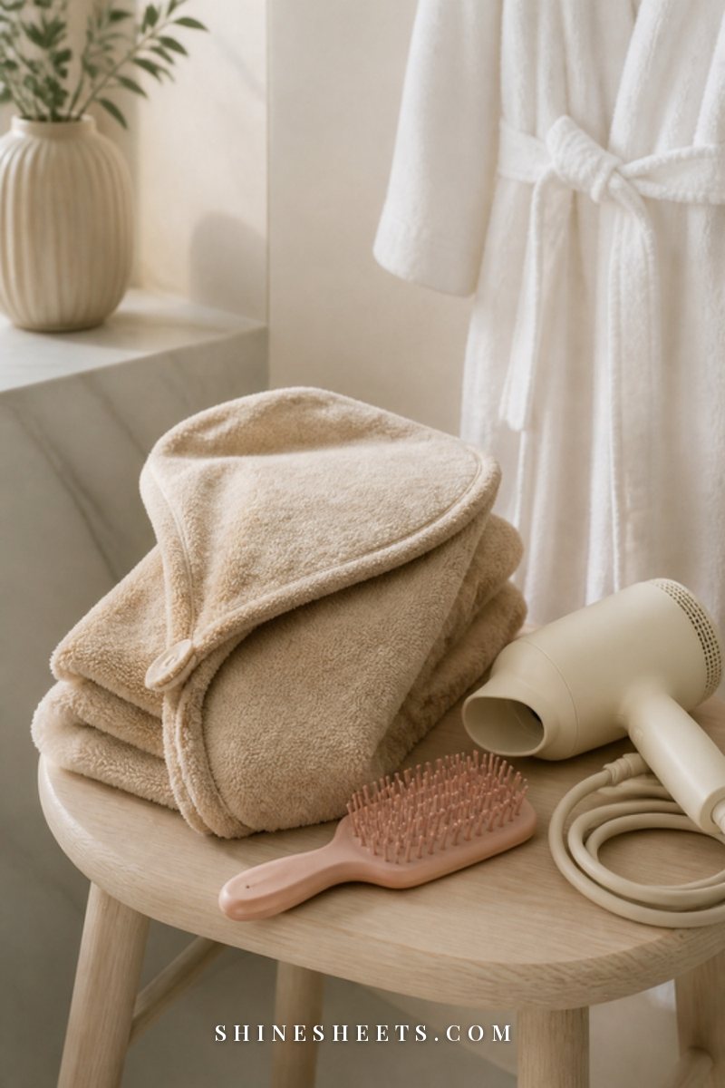 Beige microfiber hair towel wrap folded on a cream stool next to a pink paddle brush in a bright bathroom