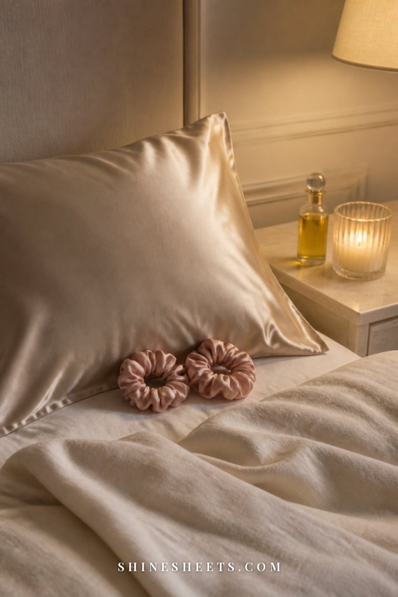 Champagne silk pillowcase on a cream bed with two blush silk scrunchies resting on the pillow