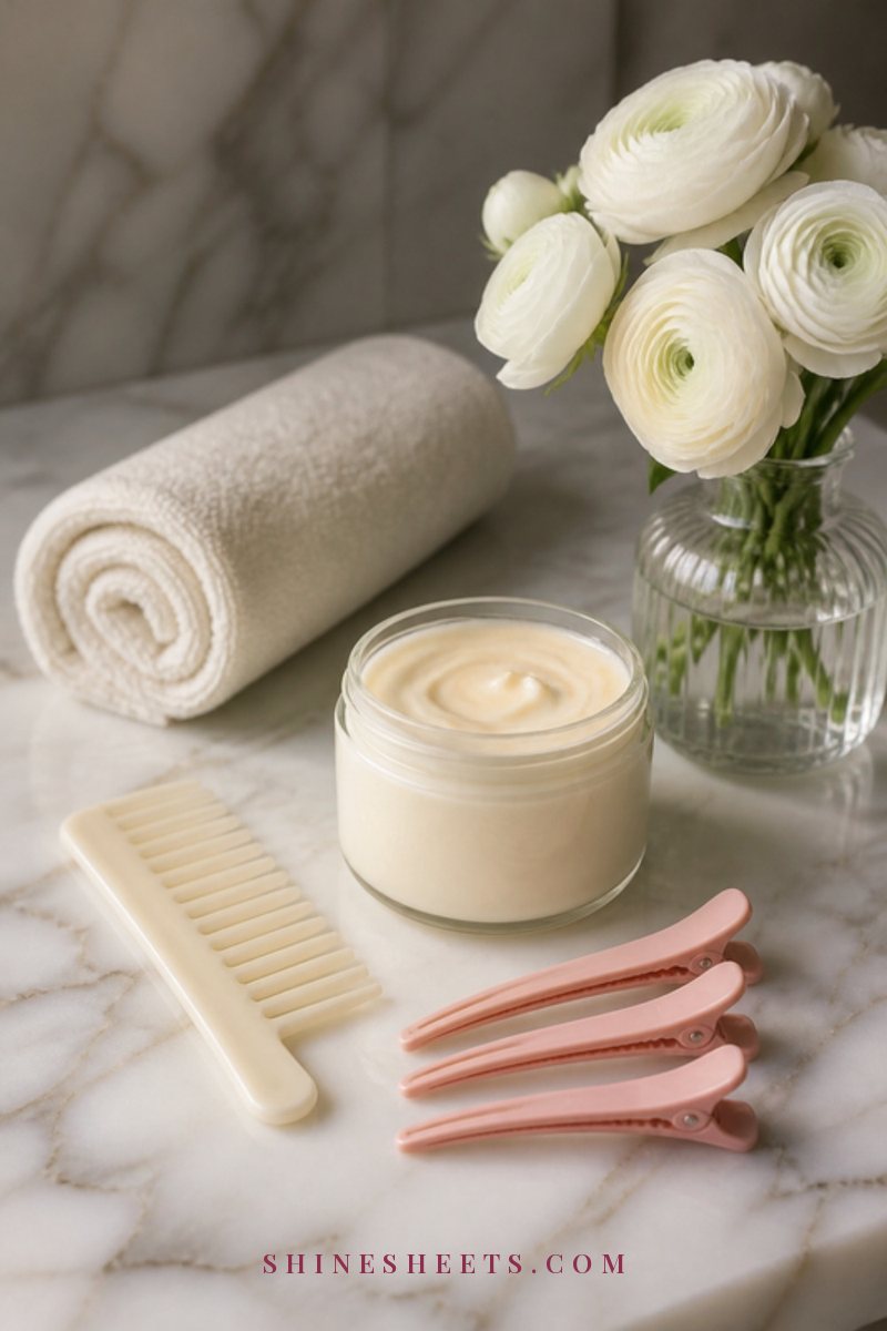 Cream towel, a wide-tooth comb, blush sectioning clips and a jar of hair mask arranged on a marble bathroom counter