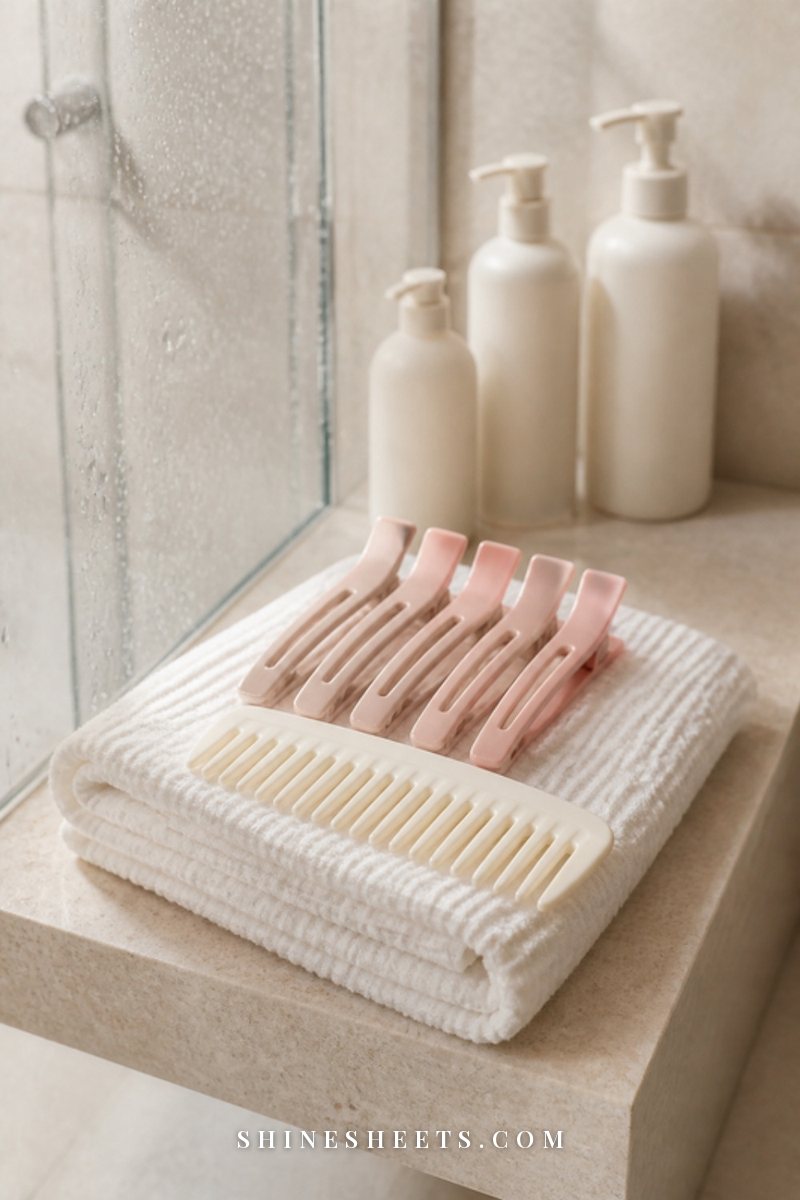 Four blush hair sectioning clips and a cream wide-tooth comb on a folded white towel beside a shower shelf