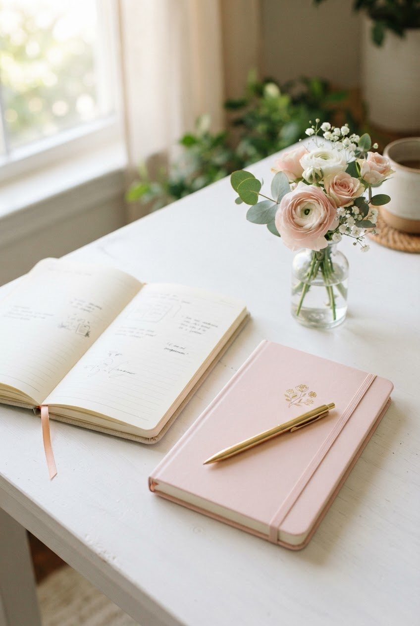 Cream bucket list journal open beside a pastel budget planner, a pen and a small vase of blush flowers on a white desk