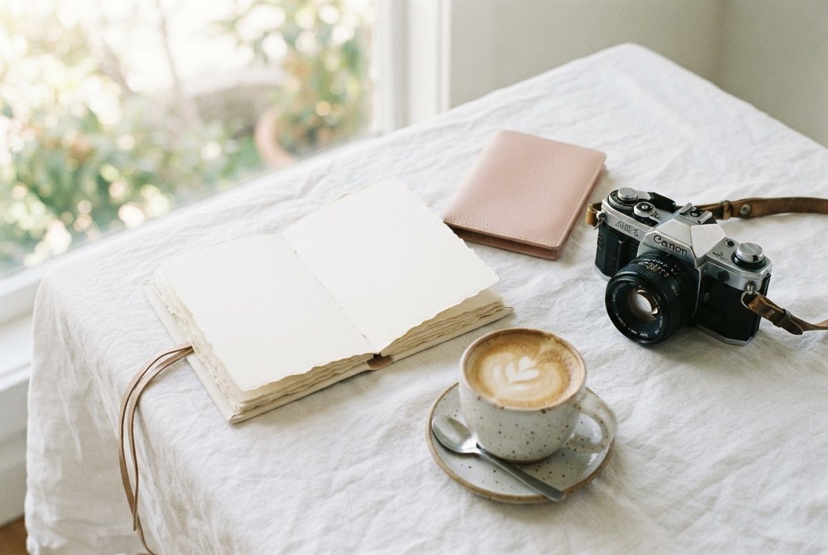 Open cream travel journal, a blush passport holder, a film camera and a cup of coffee on a white linen tablecloth