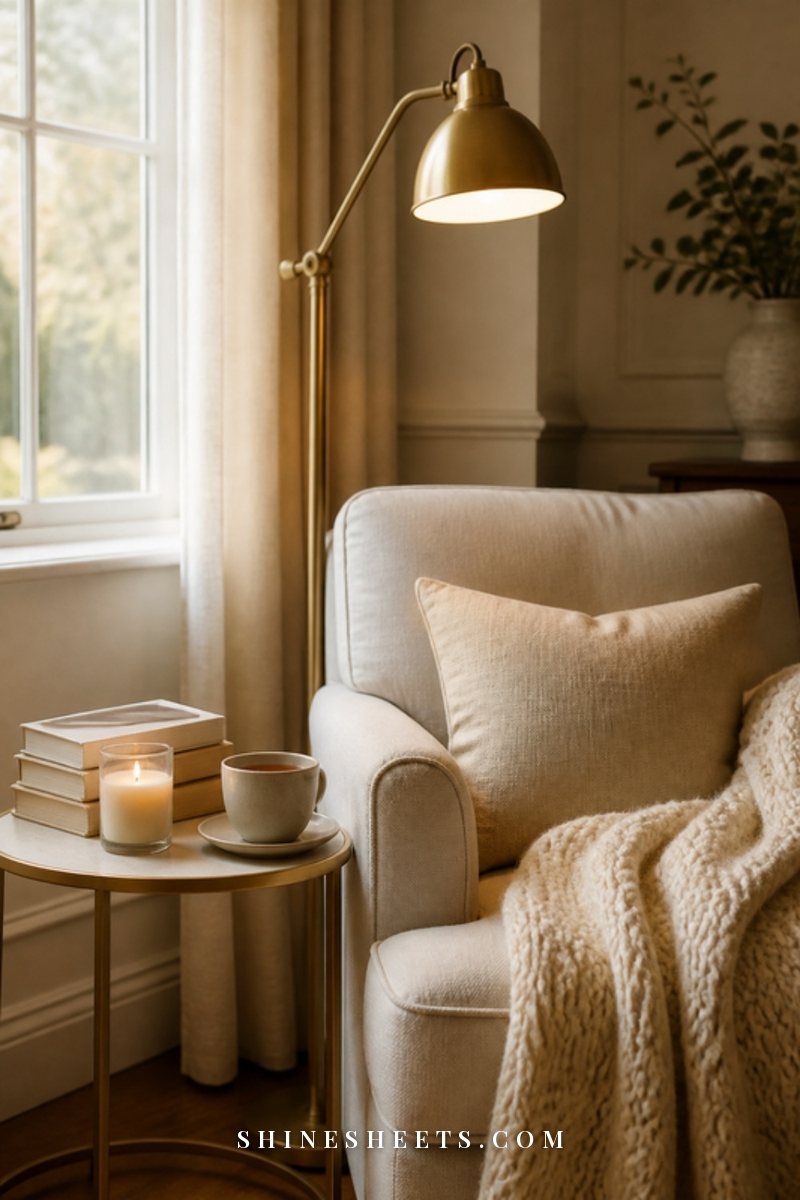 A calm cream bedroom reading corner with a linen armchair, a knit throw, a stack of books and a glass candle on a side table