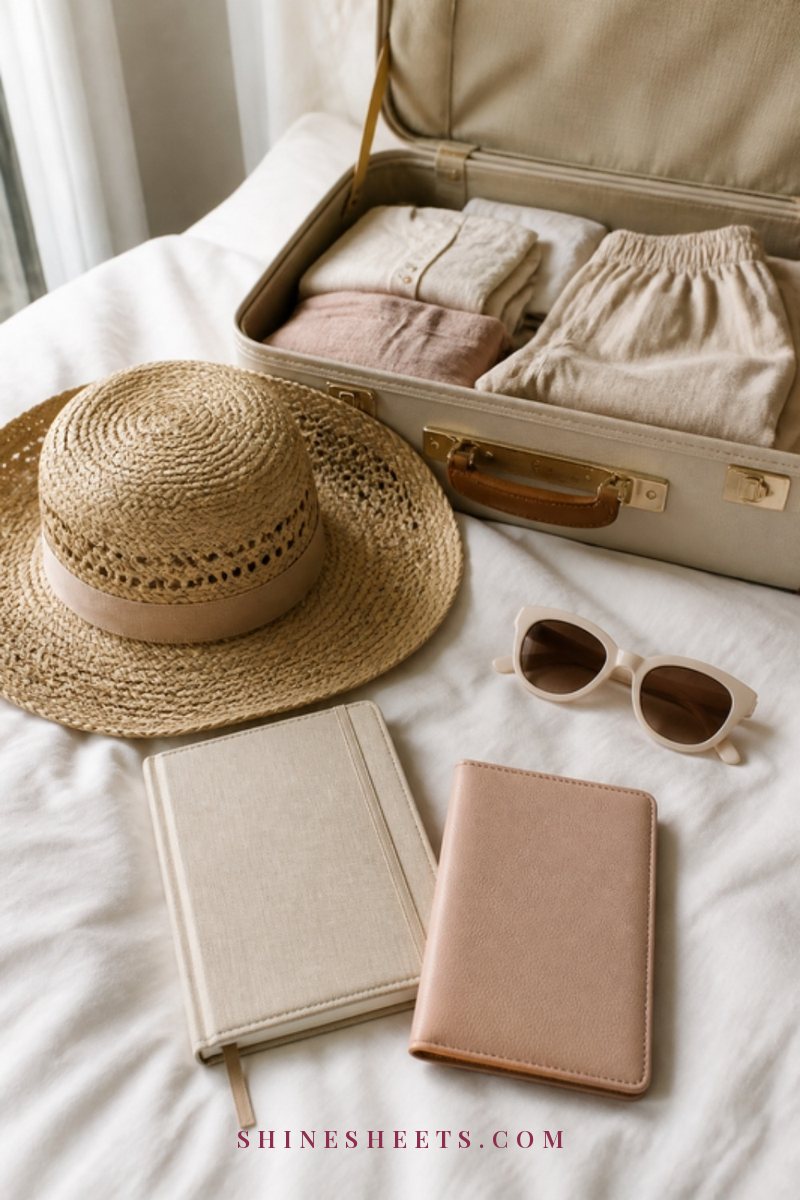 A cream linen travel journal, a passport cover, a straw hat and sunglasses on a white bedspread beside an open suitcase