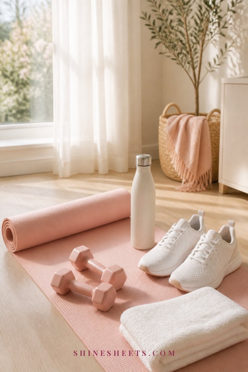 A pastel pink yoga mat rolled out with light dumbbells, a cream water bottle and white sneakers in a bright room