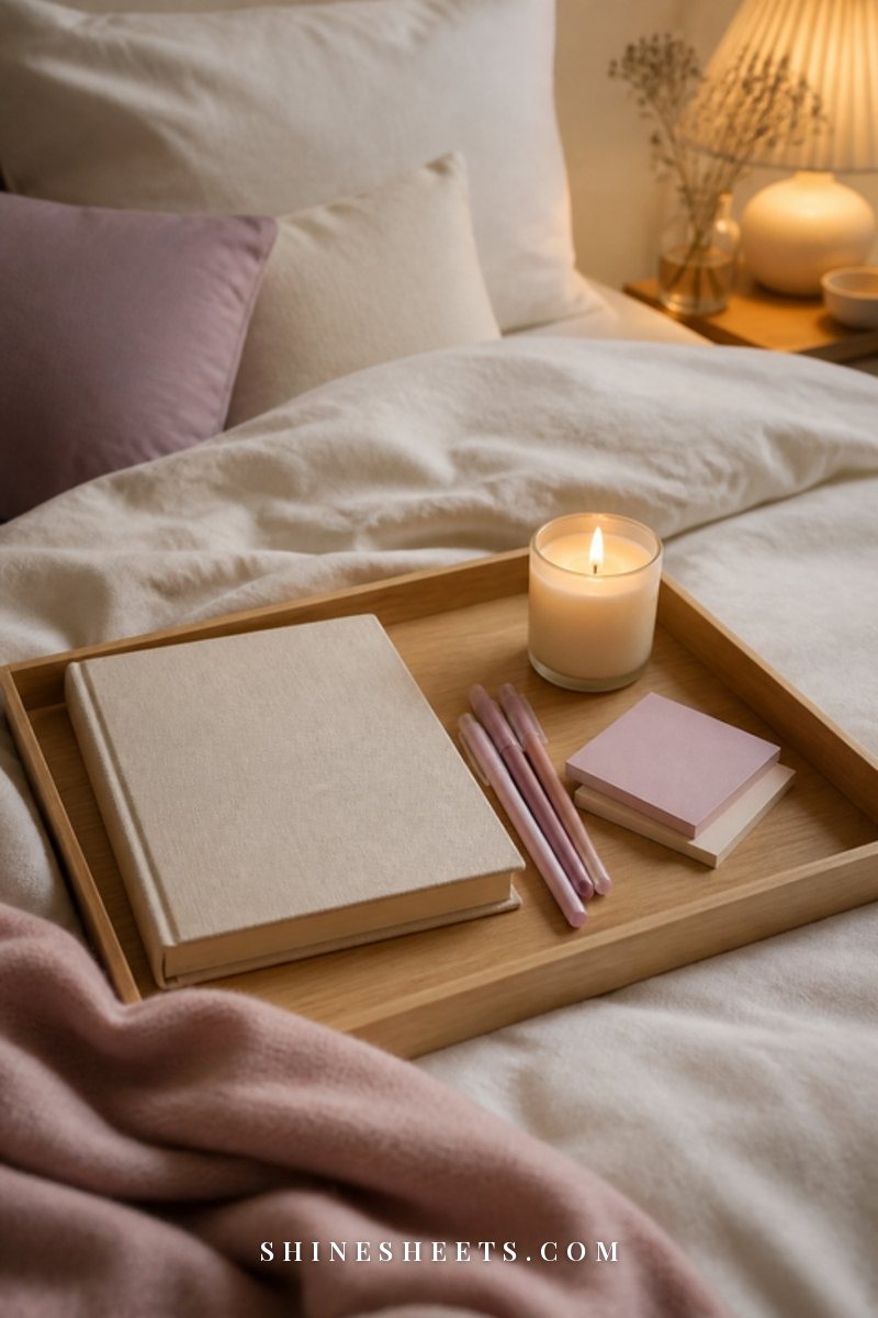 Cream linen notebook, lavender gel pens and a lit glass candle arranged on a wooden tray on a bed with ivory linen in warm evening light
