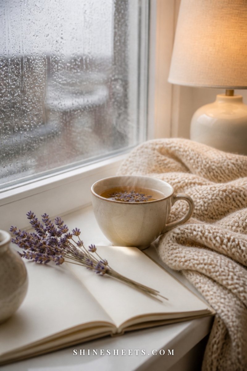 Cup of herbal tea steaming on a windowsill with soft rain on the glass, a cream knit throw and an open journal beside it