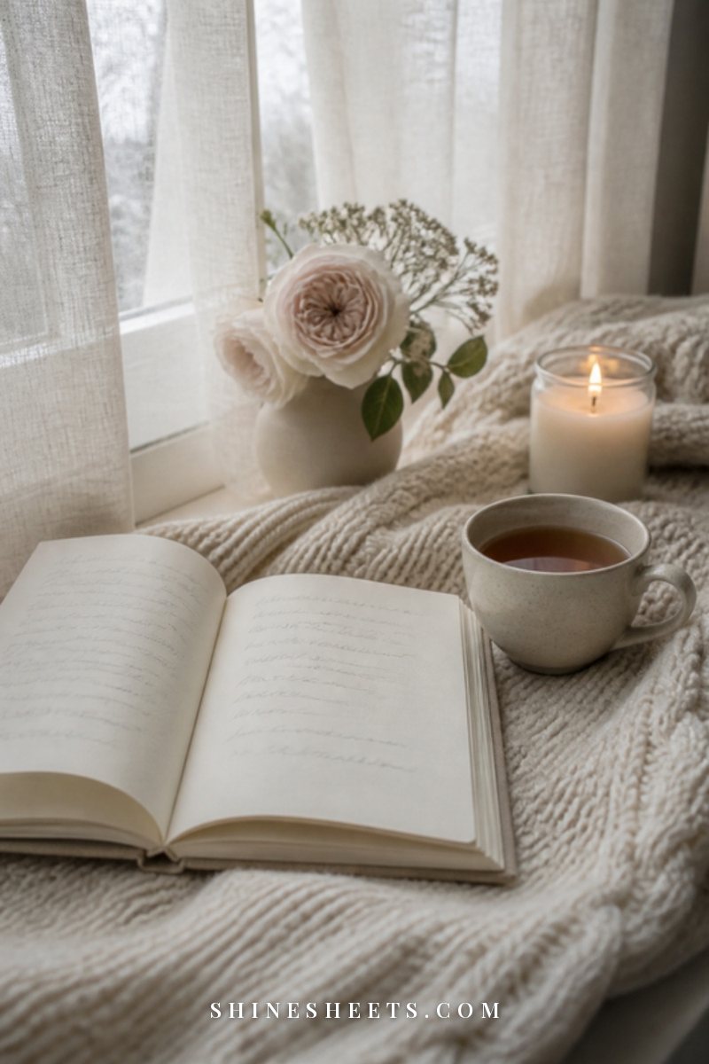 Open linen notebook with soft illegible handwriting beside a cup of tea and a lit glass candle on a cream blanket by a window