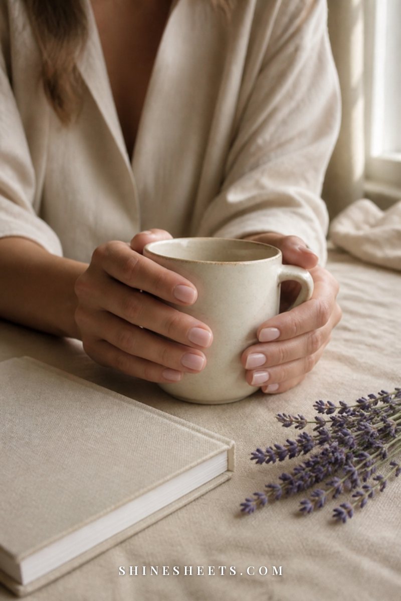 Woman's hands resting around a cream ceramic mug on a linen tablecloth next to a closed notebook and a sprig of lavender