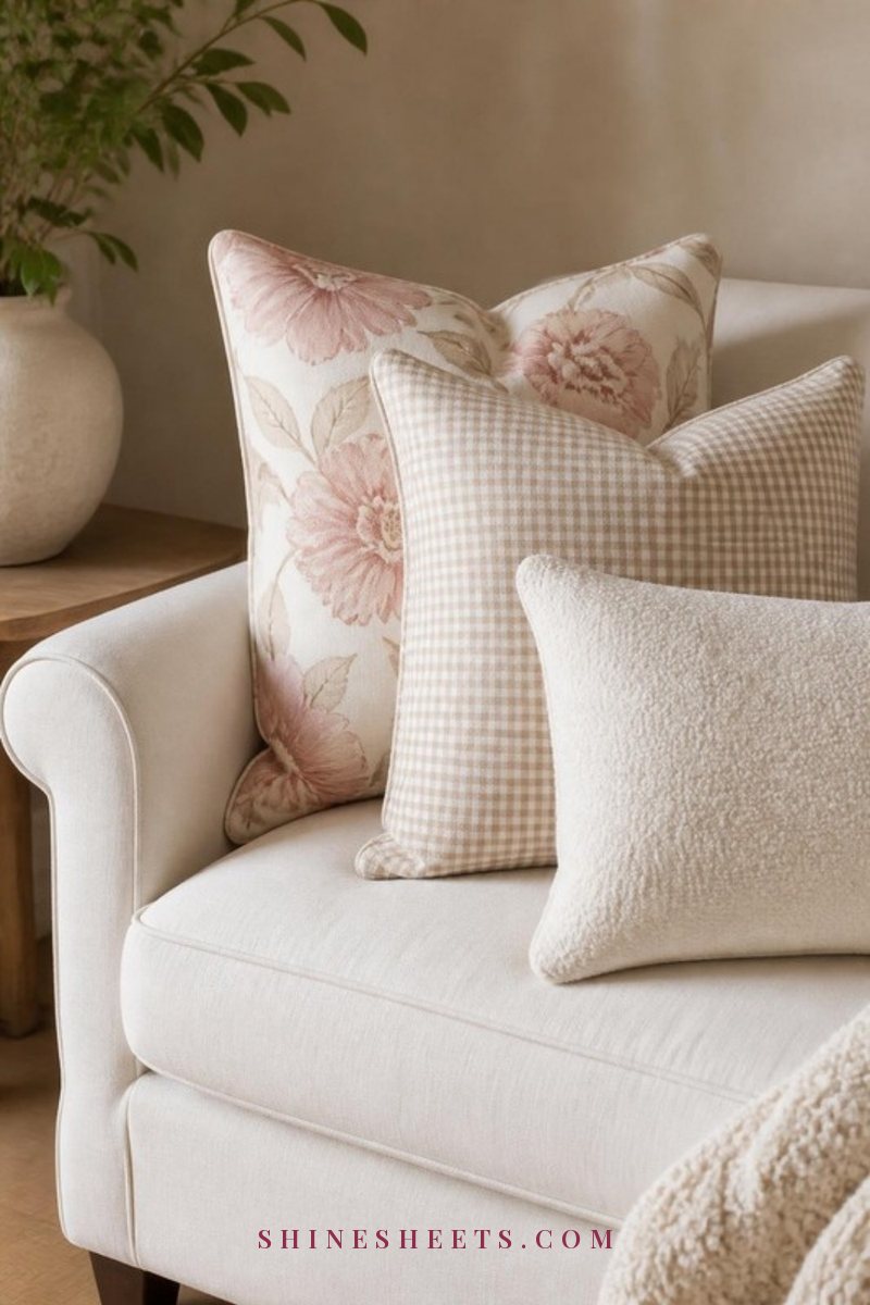 Cream sofa with a large floral pillow, a small gingham pillow and a solid bouclé pillow layered together