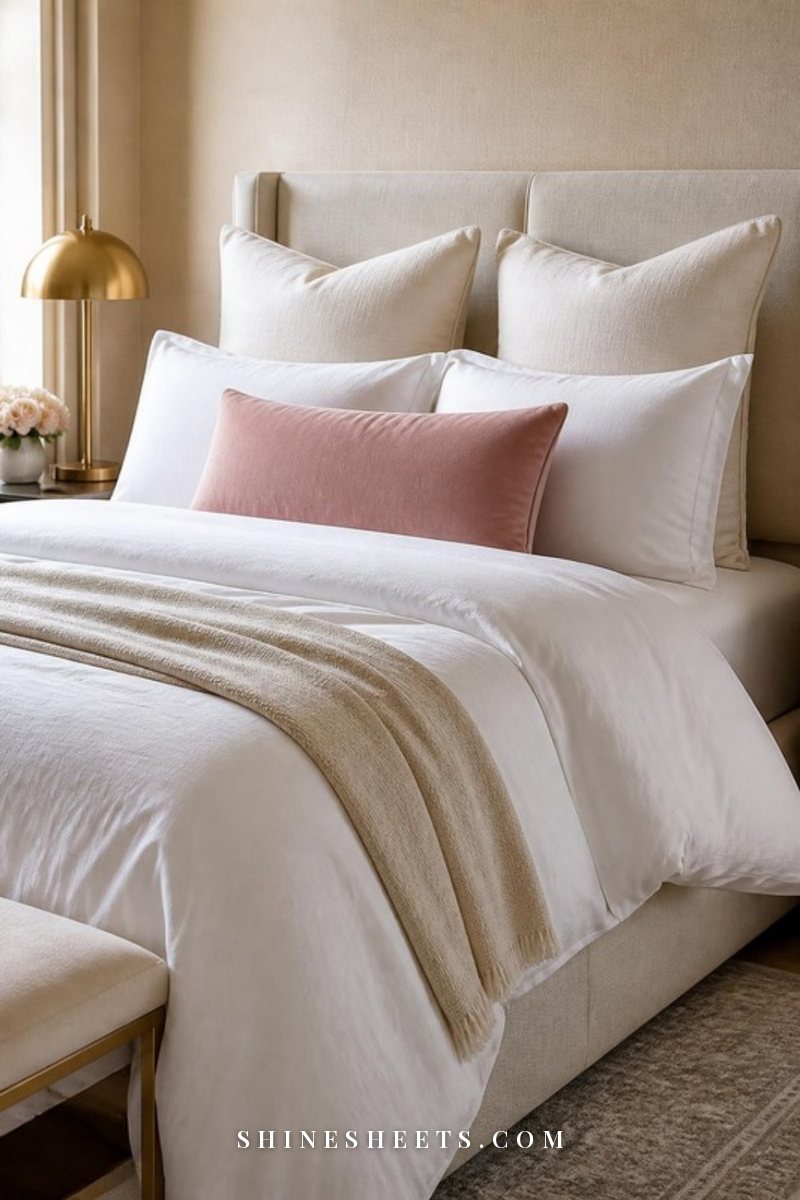 Made bed with two cream euro shams, white standard shams and a blush lumbar pillow in front