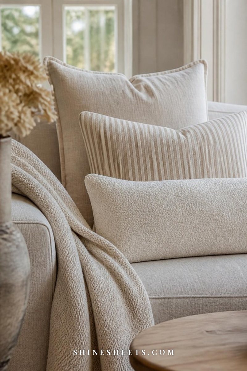 Neutral pillow combination of cream linen, beige stripe and ivory bouclé lumbar on an oatmeal sofa