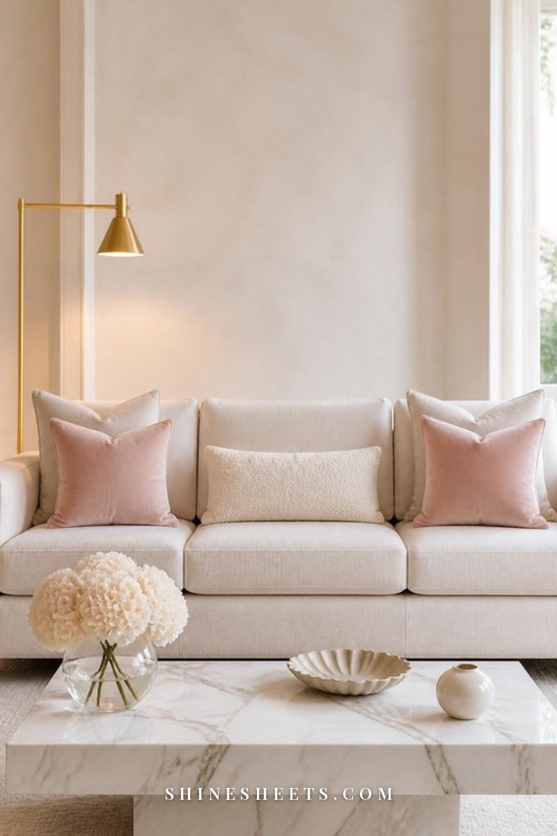 Three-seat cream sofa with mirrored pillow pairs on each end and one blush lumbar pillow in the middle