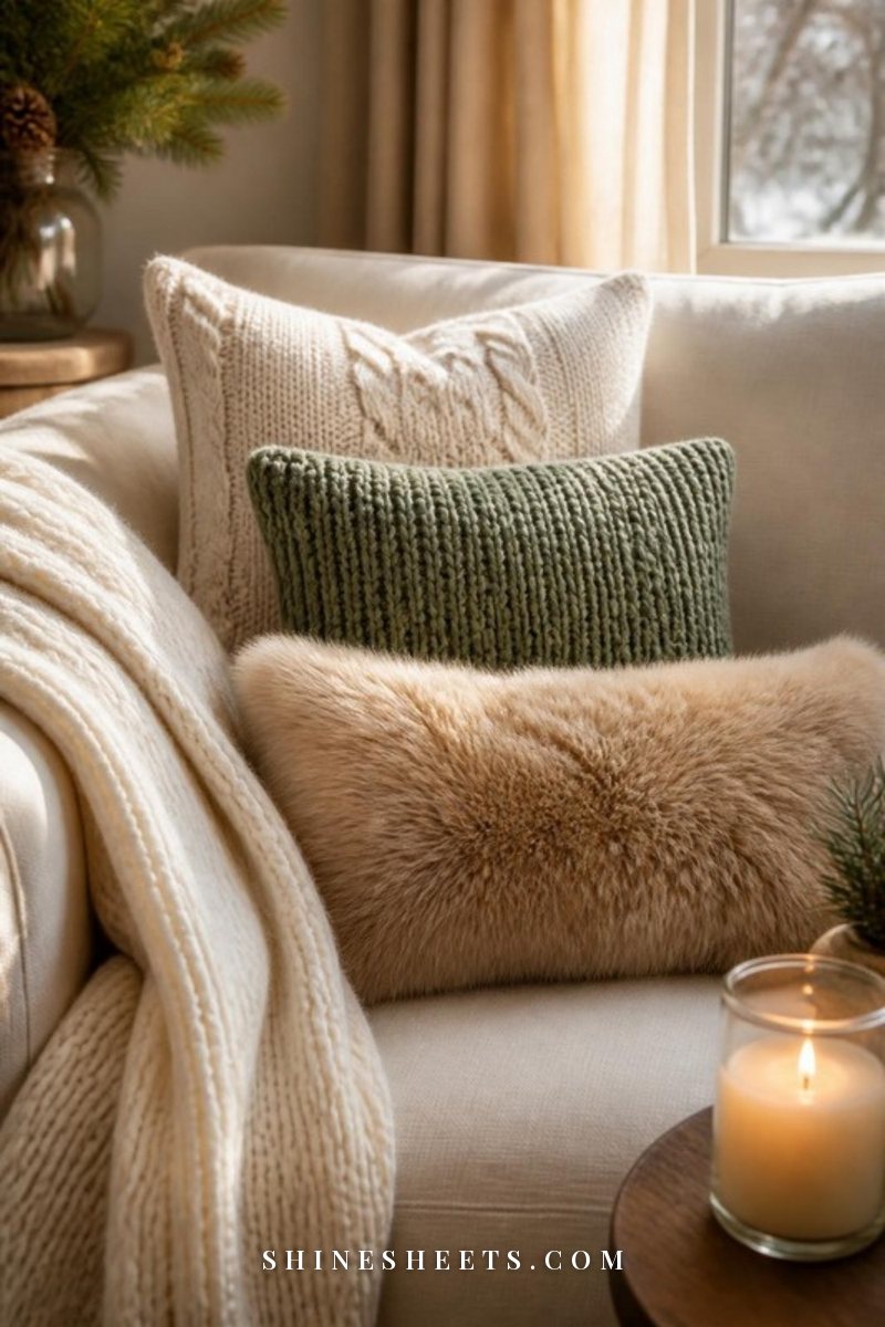 Winter pillow combination of cream cable knit, sage chunky knit and a camel faux fur lumbar on a sofa