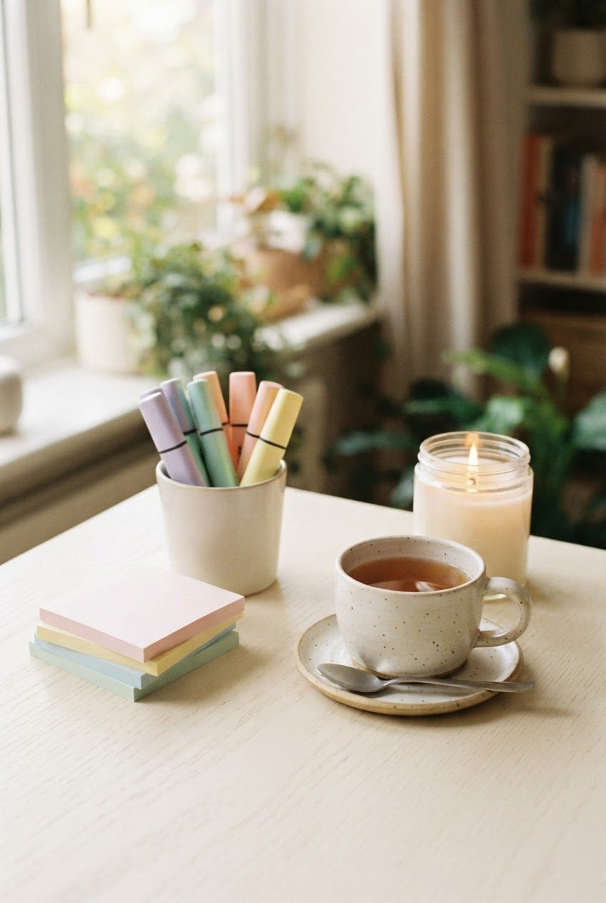 Blank pastel sticky notes, pastel highlighters and a glass candle on a cream desk beside a cup of tea
