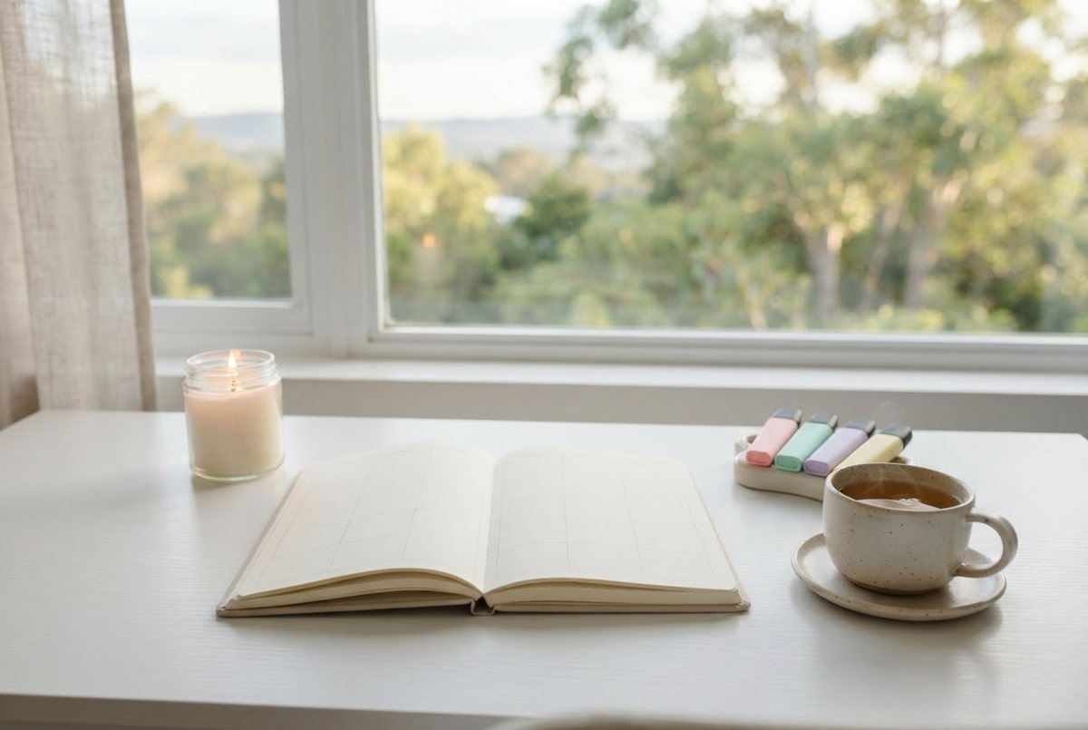 Open desk planner with blank pages, pastel highlighters, a glass candle and a cup of tea on a white desk by a window