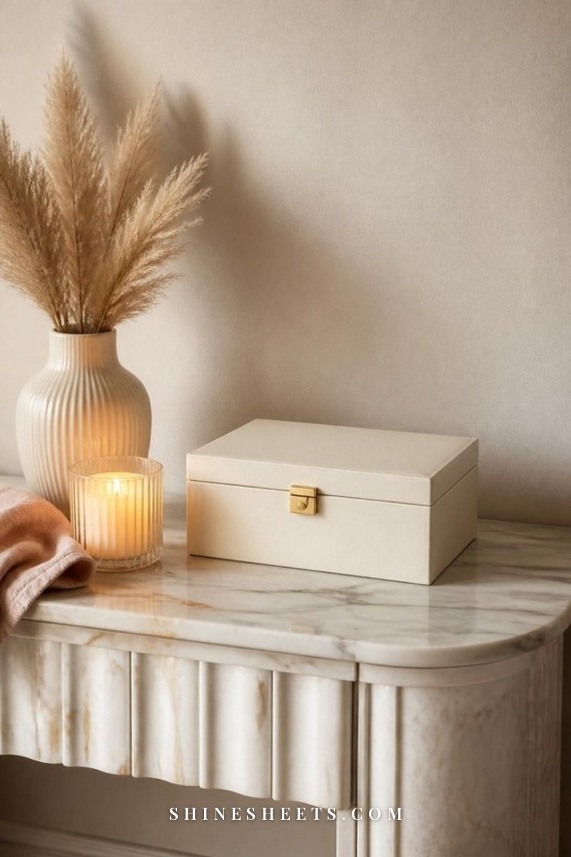 Closed cream storage box with a gold latch on an entryway console next to a candle and a small vase