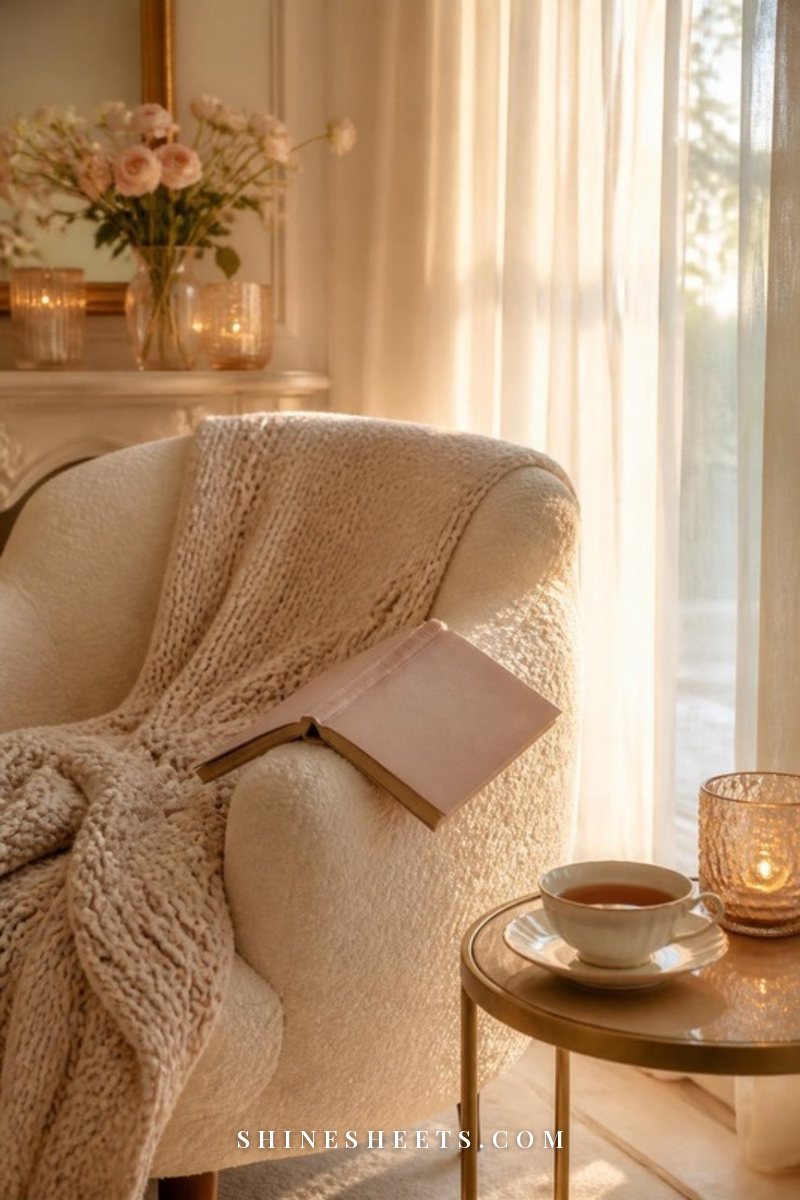 Cream armchair with a knit throw, an open book, a cup of tea and a glowing candle in soft evening light