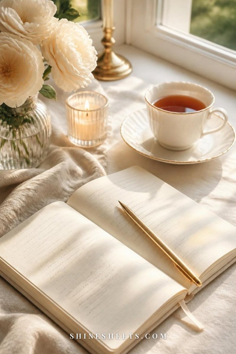 Open cream notebook with soft pencil scribbles, a gold pen and a cup of tea on a linen tablecloth