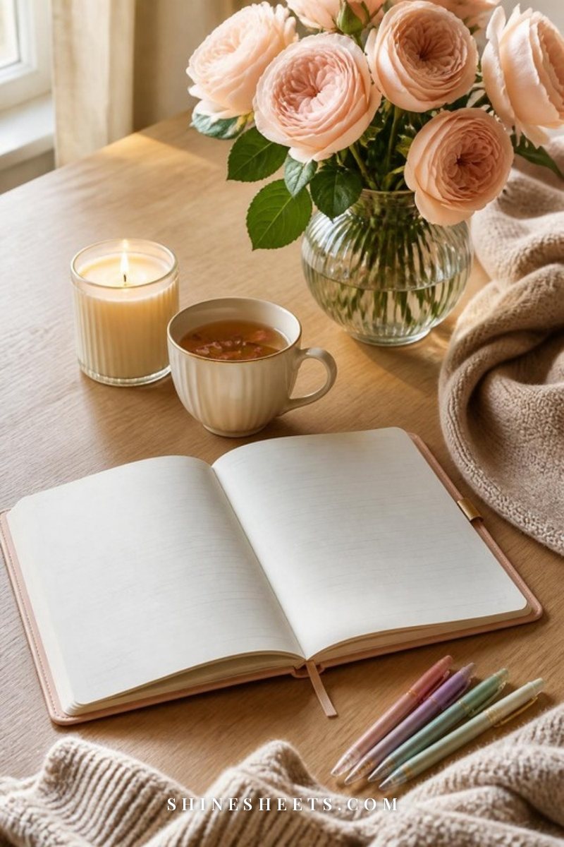 Open undated planner with blank pages, pastel gel pens, a glass candle and a cup of tea on a cozy Sunday table
