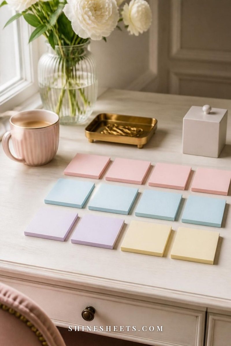Pastel sticky notes arranged in neat rows on a cream desk beside a white cube timer and a blush mug