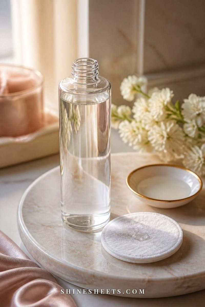 Clear glass bottle of hydrating toner beside a white cotton round on a cream marble vanity tray