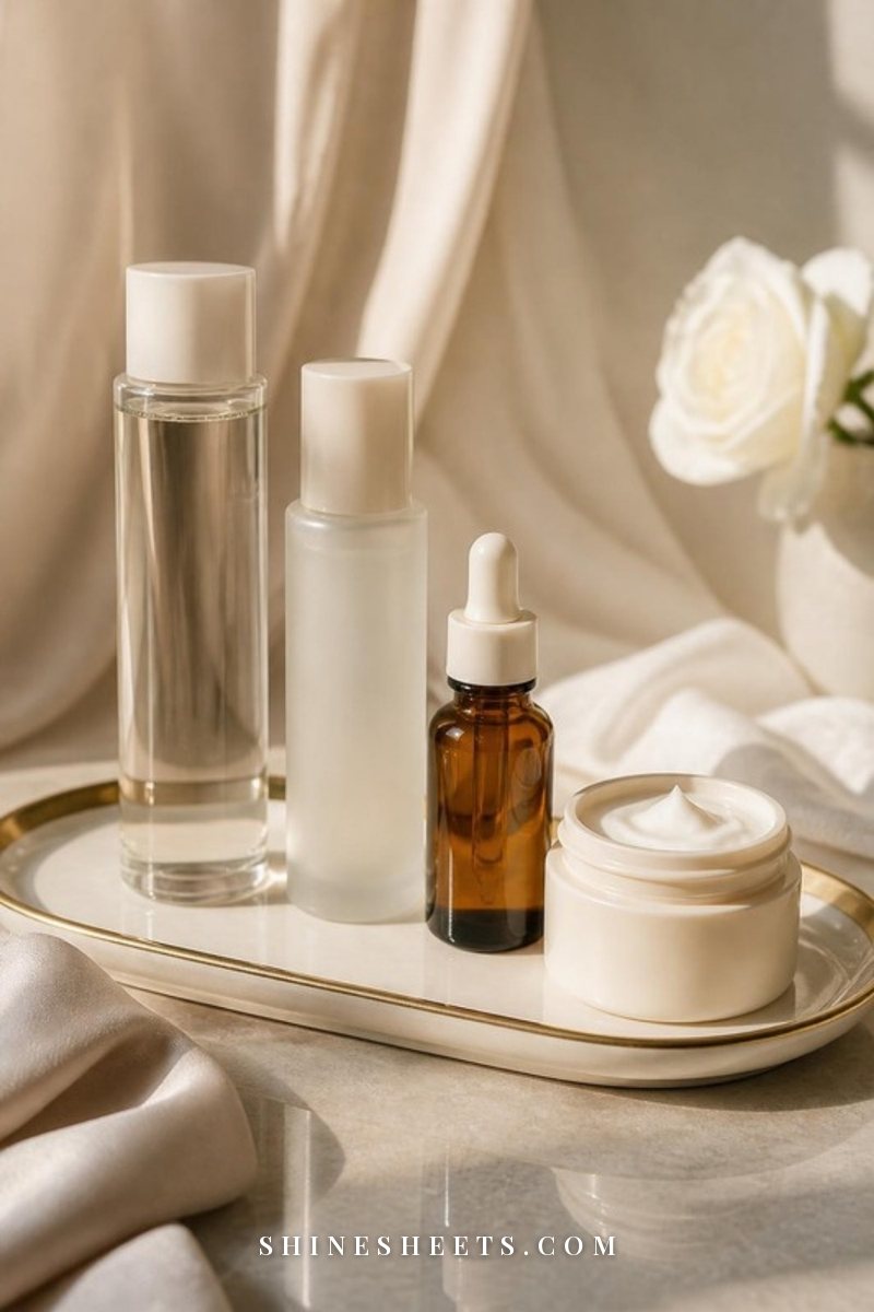 Skincare bottles lined up from thinnest to thickest on a gold tray: toner, essence, serum and a cream jar