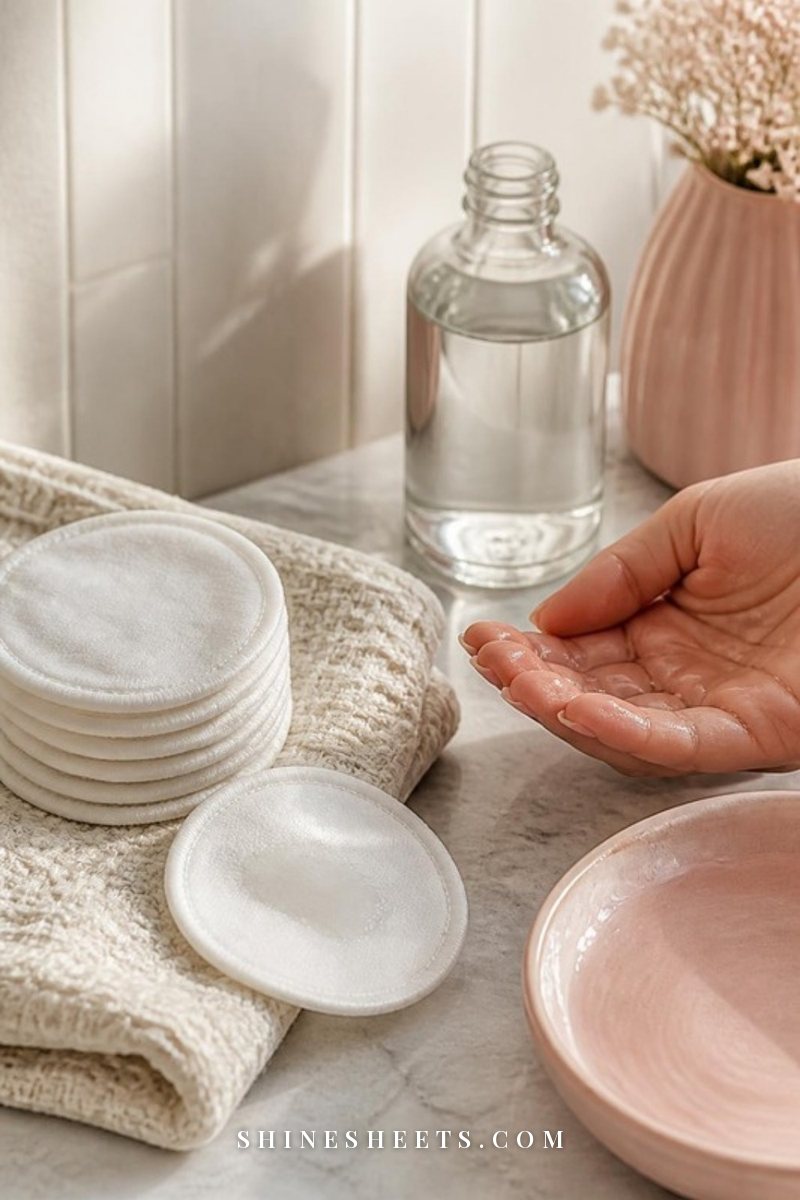 Stack of white reusable cotton rounds next to a toner bottle and a cupped palm of toner on a cream towel