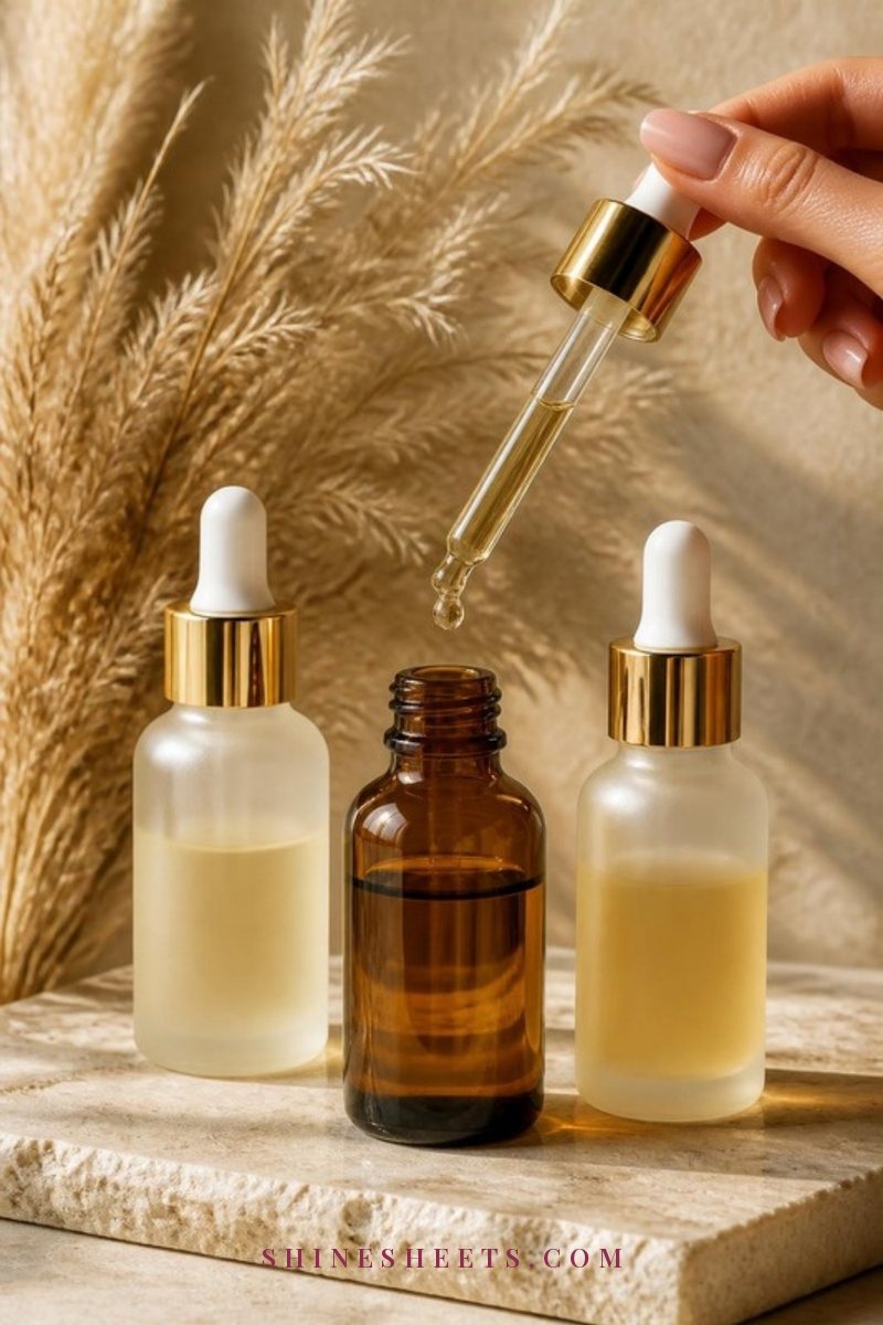 Three amber and frosted glass serum dropper bottles with one golden drop on a beige stone surface