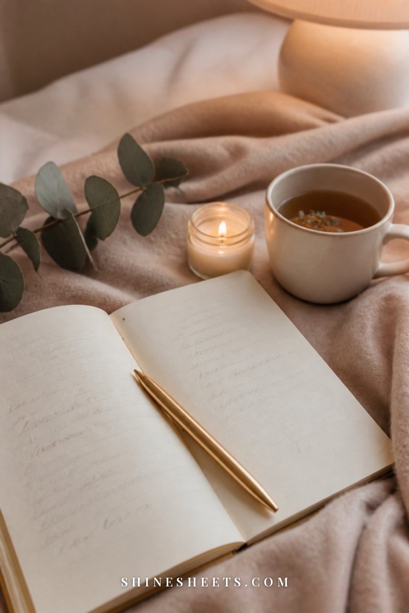 Open cream journal with a gold pen and a cup of tea on a bed with a soft knit throw