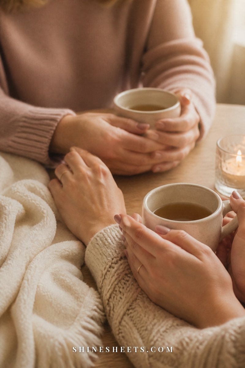 Two hands wrapped around warm mugs on a wooden table with a soft cream blanket between them