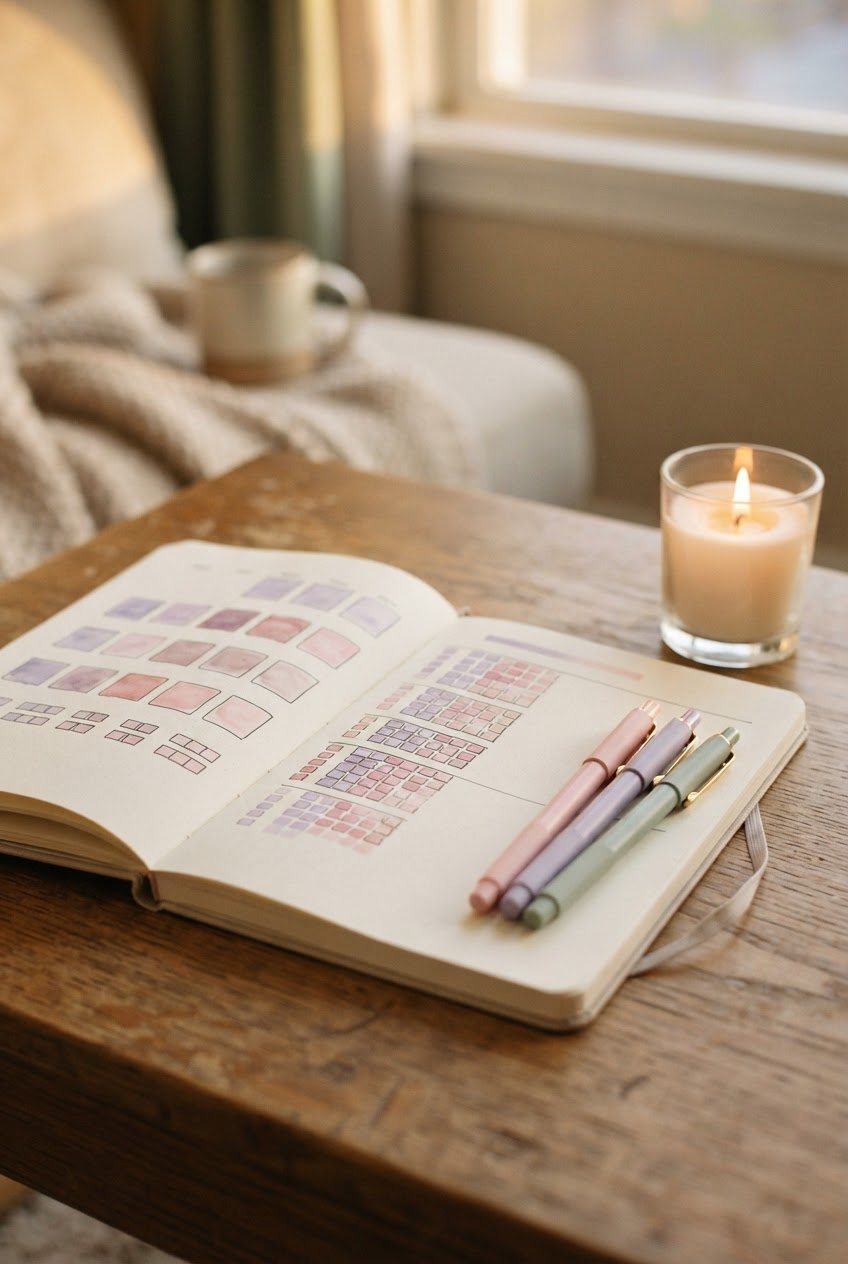 Monthly tracker spread in a cream notebook with lavender and pink colored boxes, gel pens and a glass candle