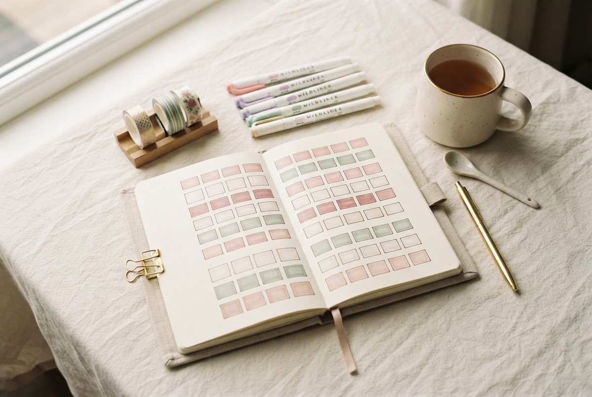 Open dotted journal with a pastel habit grid, highlighters, washi tape and a cup of tea on a cream linen tablecloth