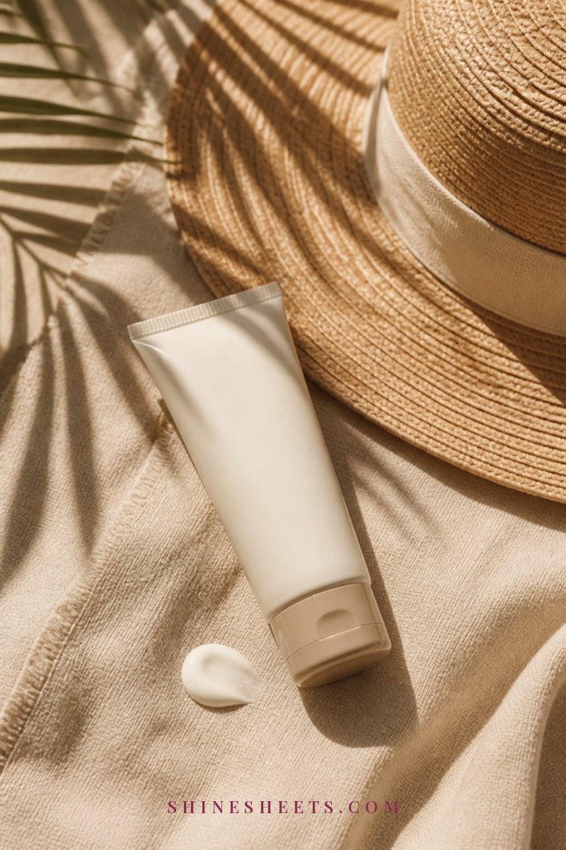 Cream sunscreen tube and a straw sun hat on a linen beach towel in warm morning sunlight