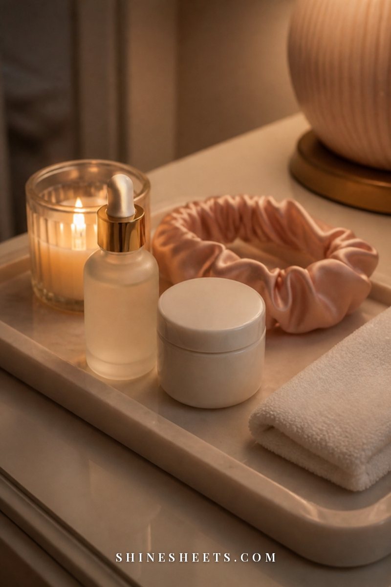 Minimal evening skincare setup on a cream vanity tray with a serum bottle, a moisturizer jar, a soft headband and a lit glass candle