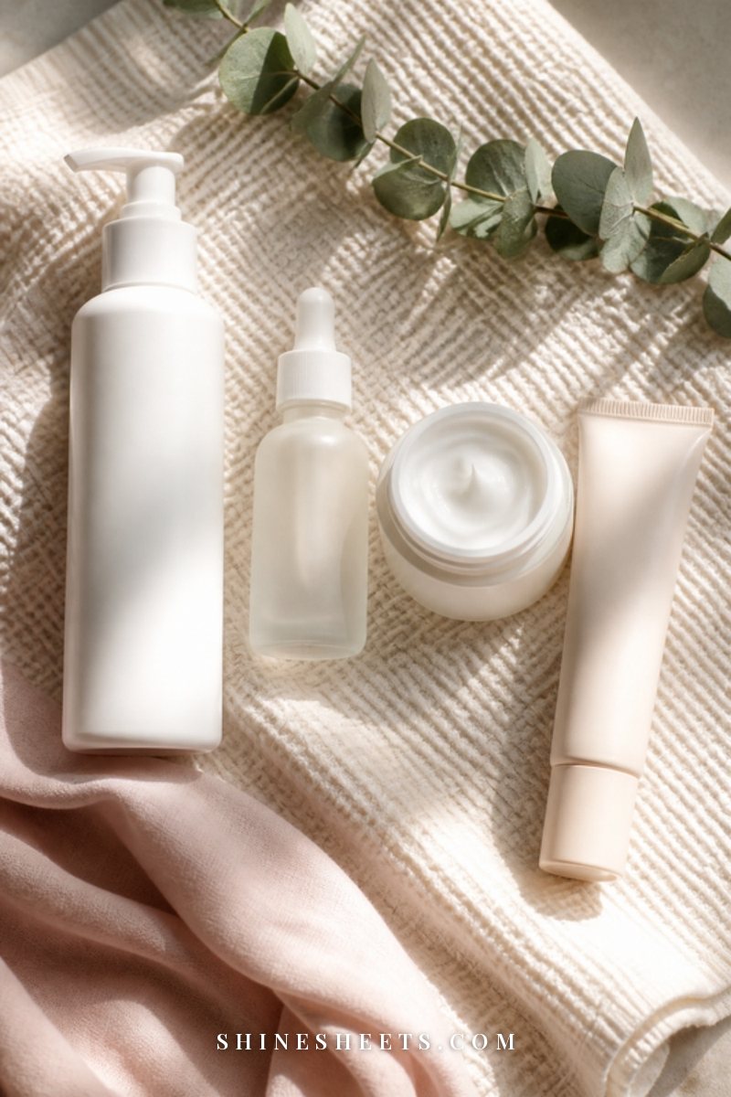 Simple skincare routine laid out on a cream towel: a gentle cleanser, a serum dropper bottle, a moisturizer jar and a sunscreen tube