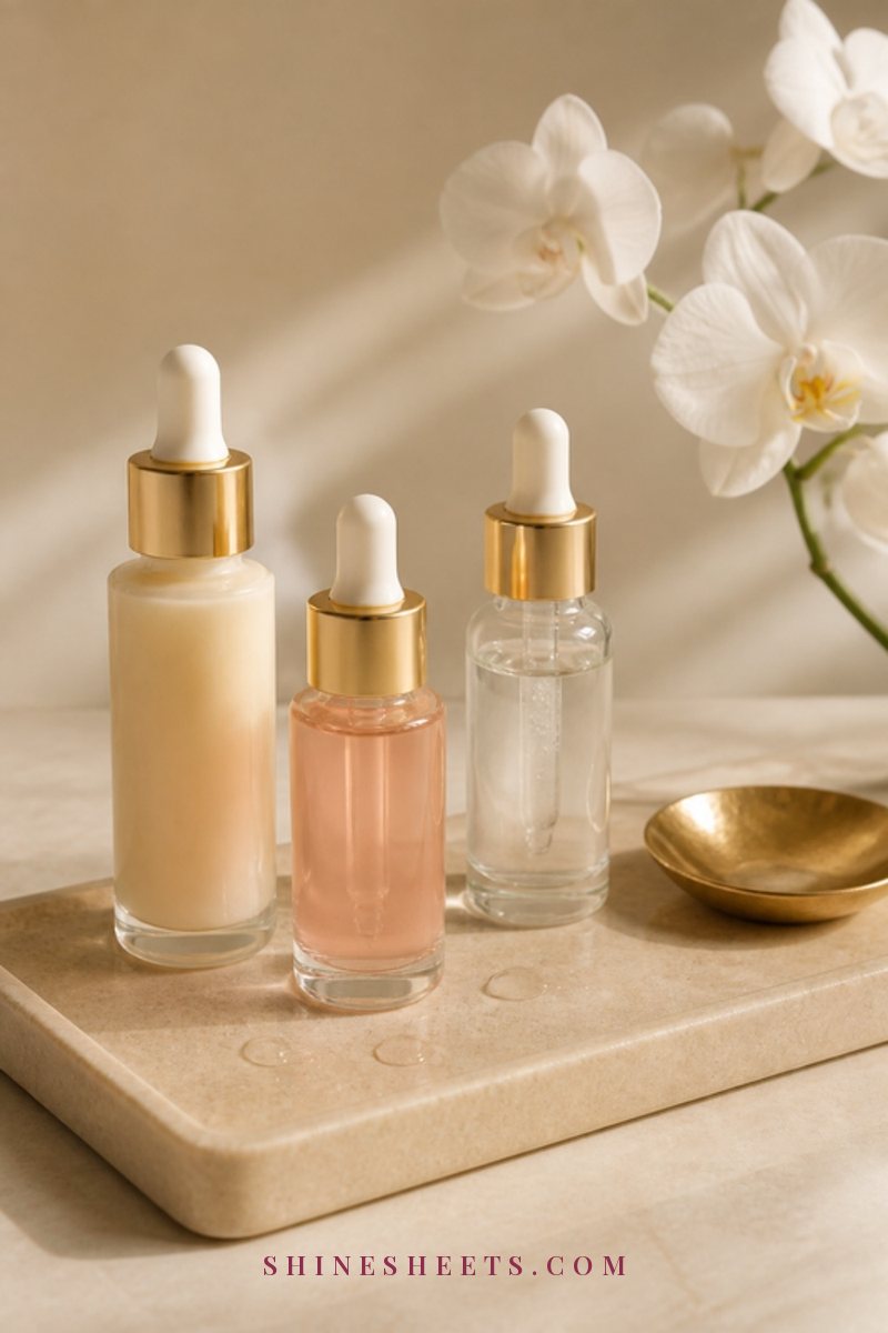Three glass dropper serum bottles in cream, blush and clear glass arranged on a beige stone tray with a white orchid