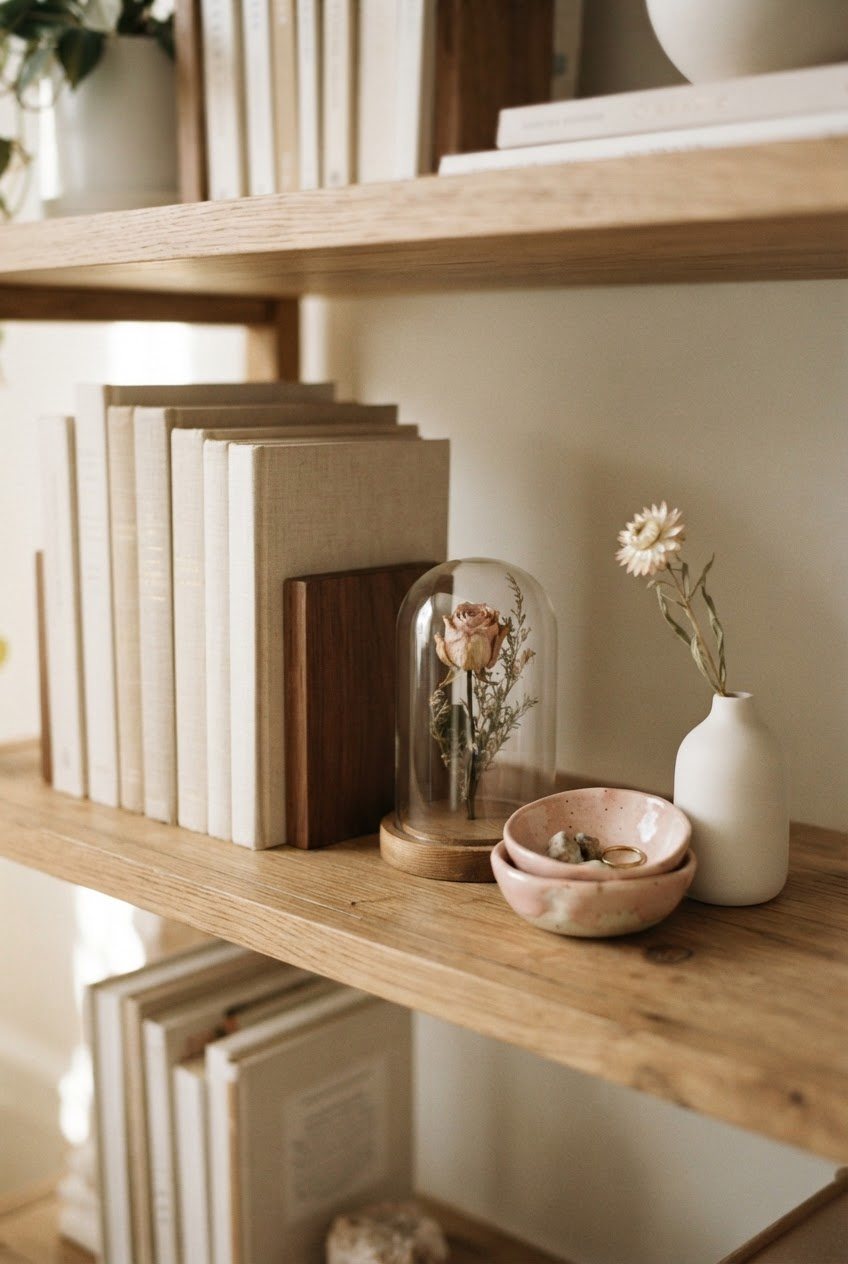 Close-up of a bookcase shelf with a stack of cream books, a small glass cloche, blush ceramic bowls and a dried flower stem in a white bud vase