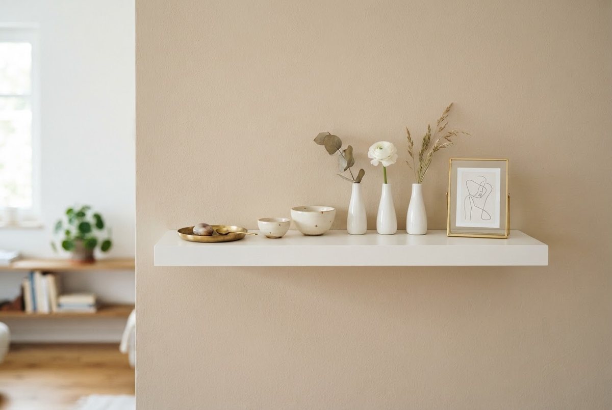 White floating shelf styled with a brass trinket tray, cream ceramic bowls, small bud vases and a mini gold frame against a soft beige wall