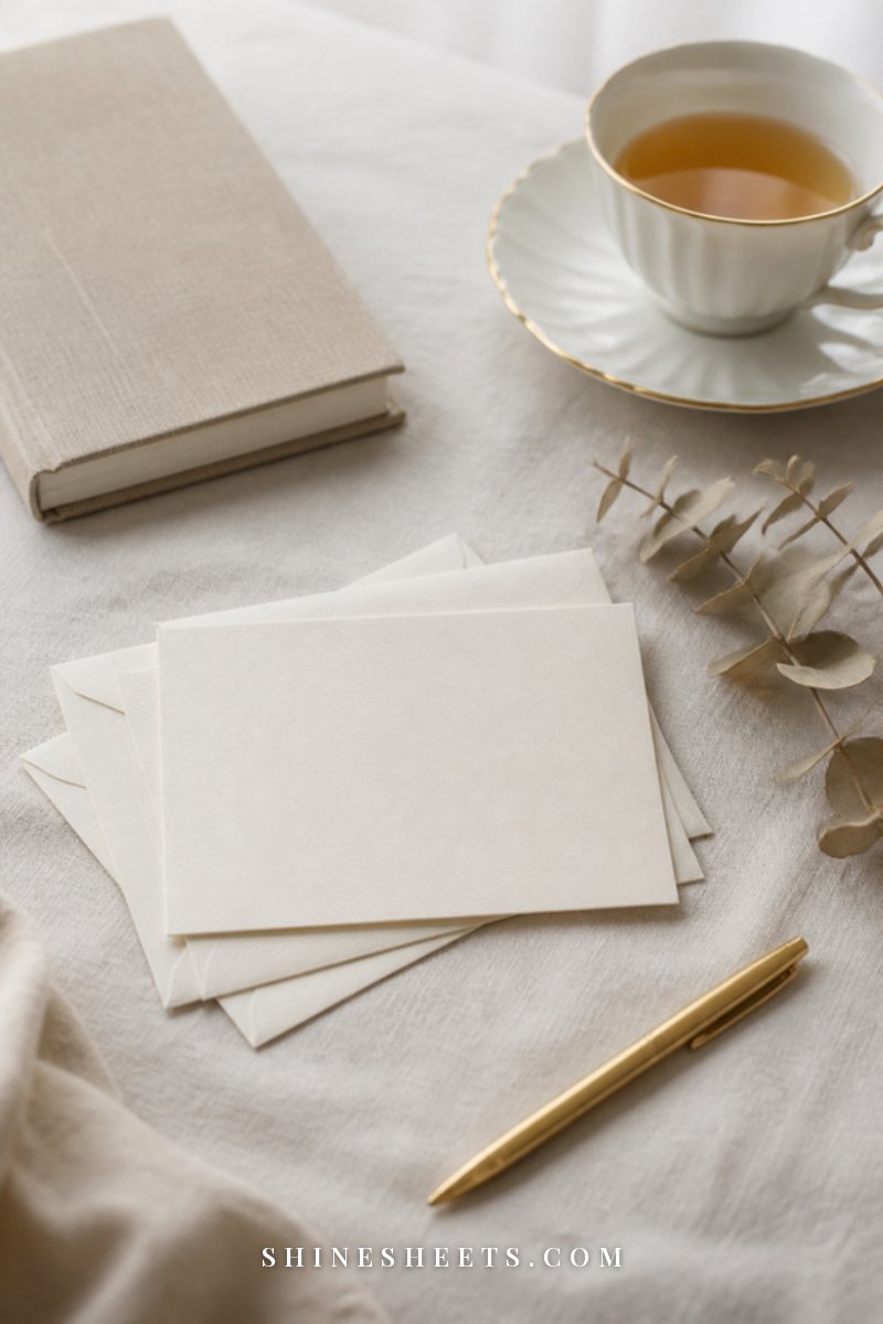 A blank cream notecard, a gold pen and a small glass candle arranged on a beige linen napkin, soft daylight