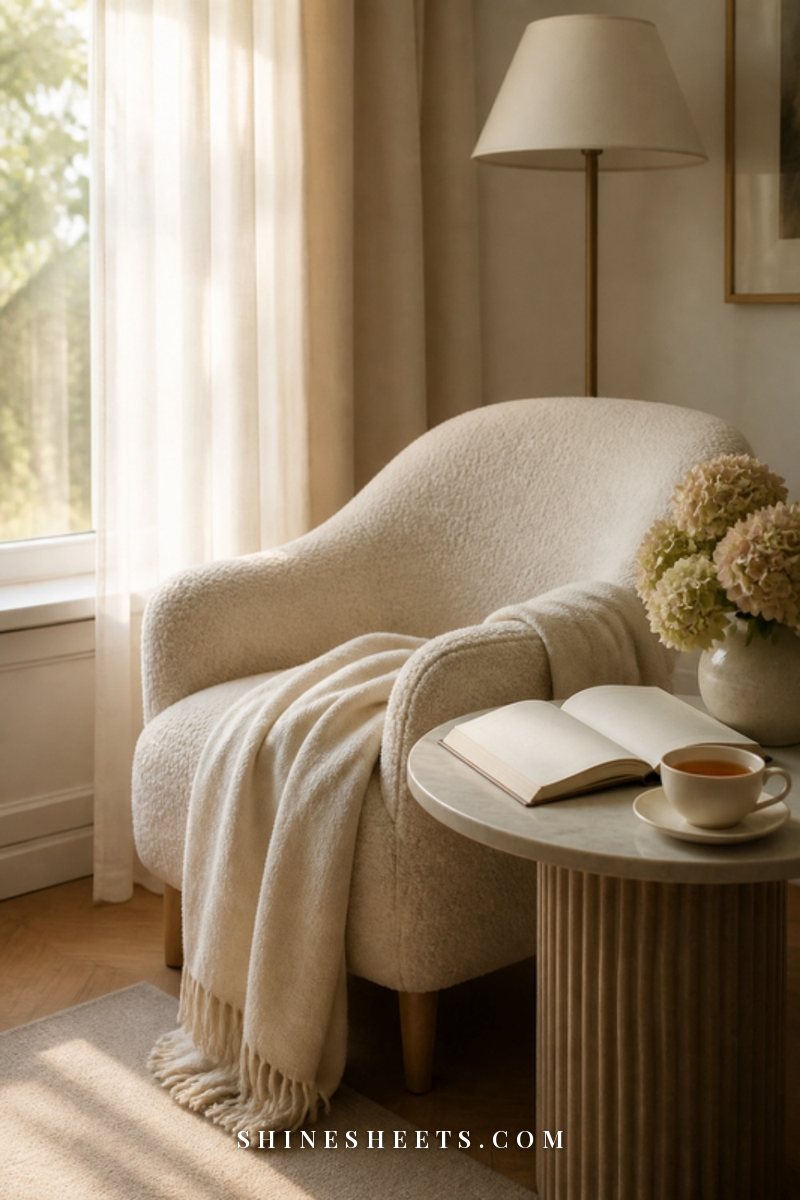 A calm cream armchair beside a side table with a cup of tea, a small plant and soft afternoon light
