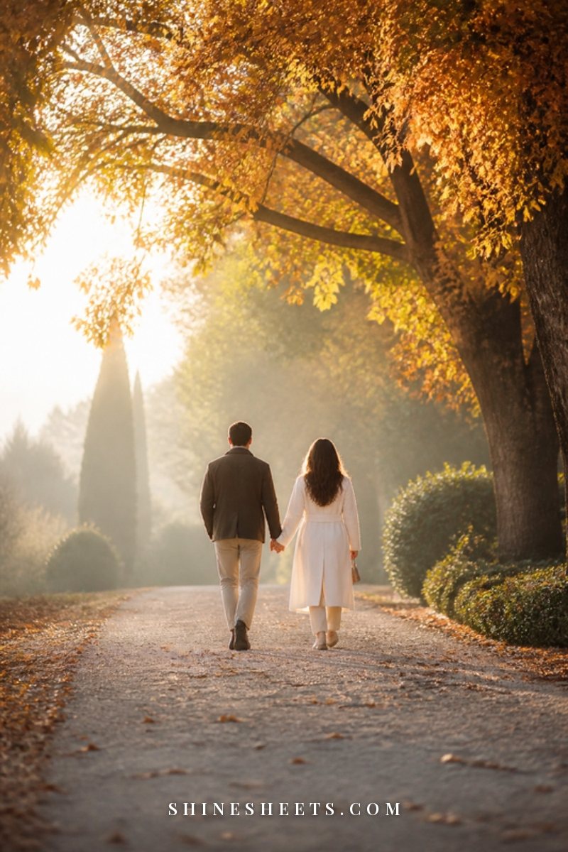 A couple seen from behind walking along a quiet tree-lined path in autumn, close but not holding hands, golden light