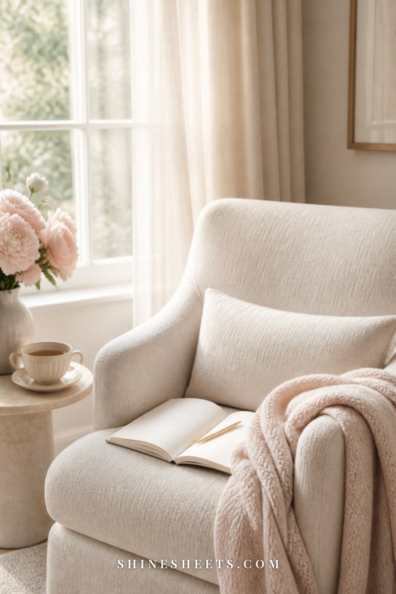 Cream linen armchair with a soft throw, an open blank journal and a cup of tea by a window in soft light