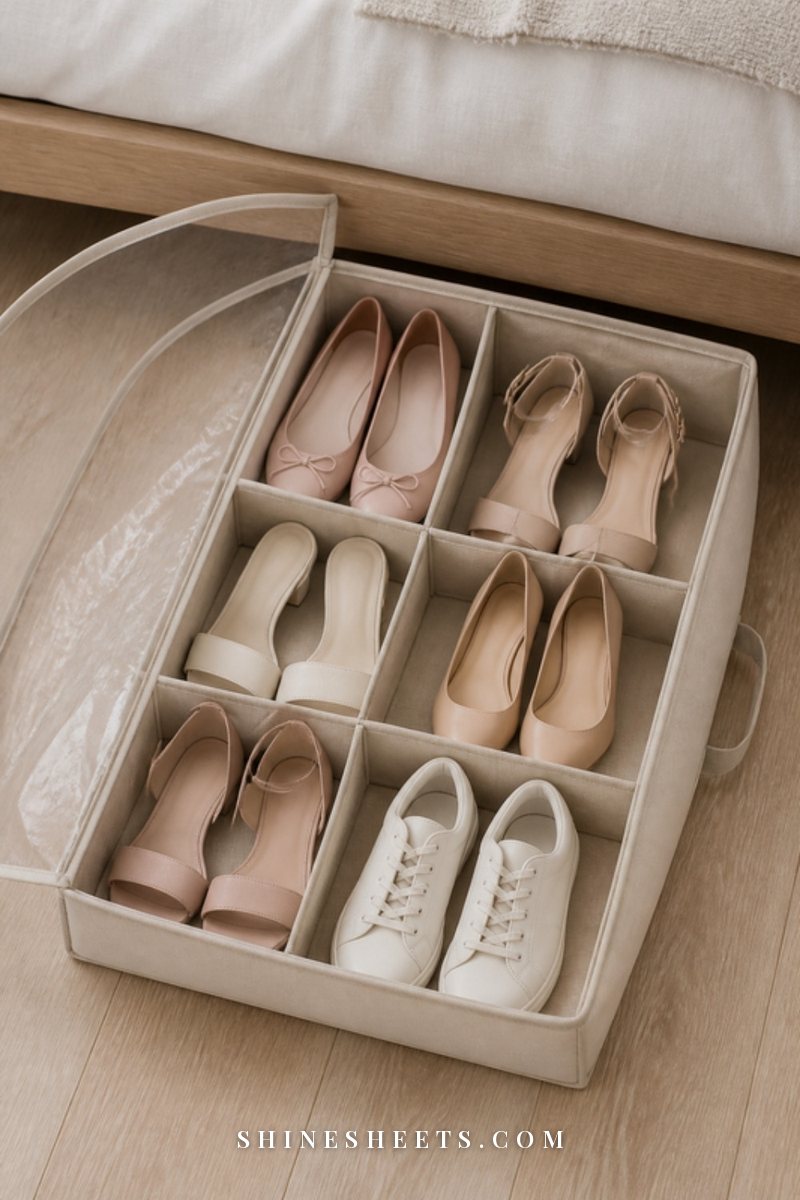 Beige fabric under bed shoe organizer with clear lid holding pairs of women's flats and sandals
