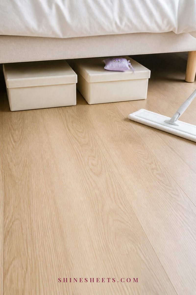 Clean light wood floor under a bed with two lidded cream storage boxes and a soft cleaning duster beside them