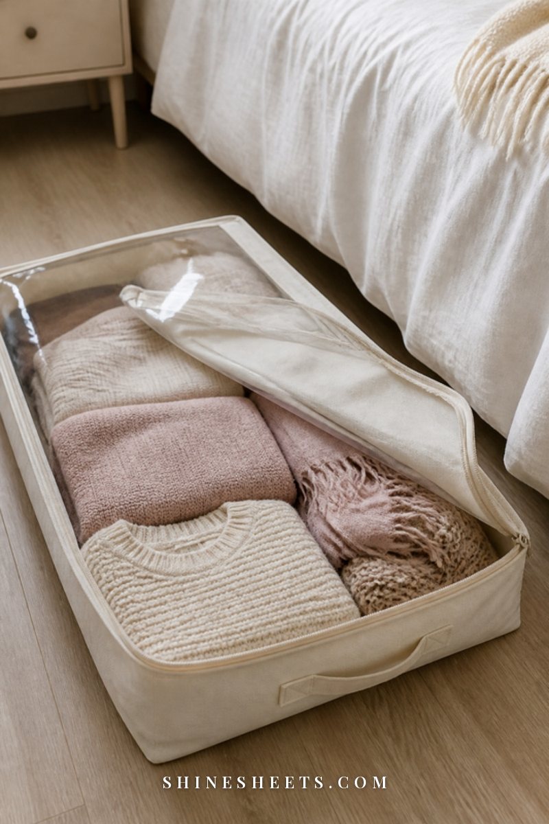 Cream zippered fabric under bed storage bag filled with folded knit sweaters on a light wood floor