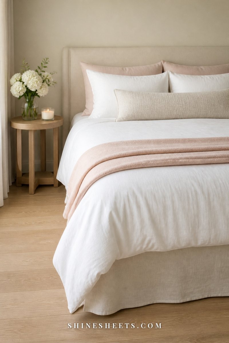 Neatly made bed with a cream linen bed skirt falling to the floor in a calm bright bedroom