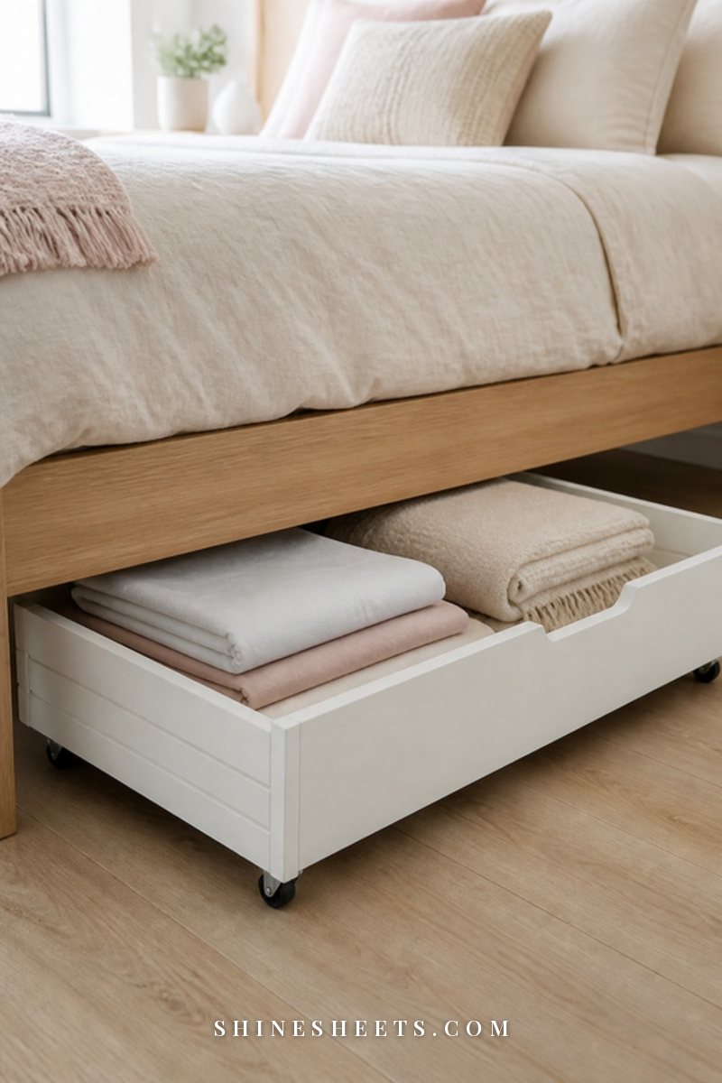 White wooden rolling drawer pulled out from under a bed with neatly folded linens inside
