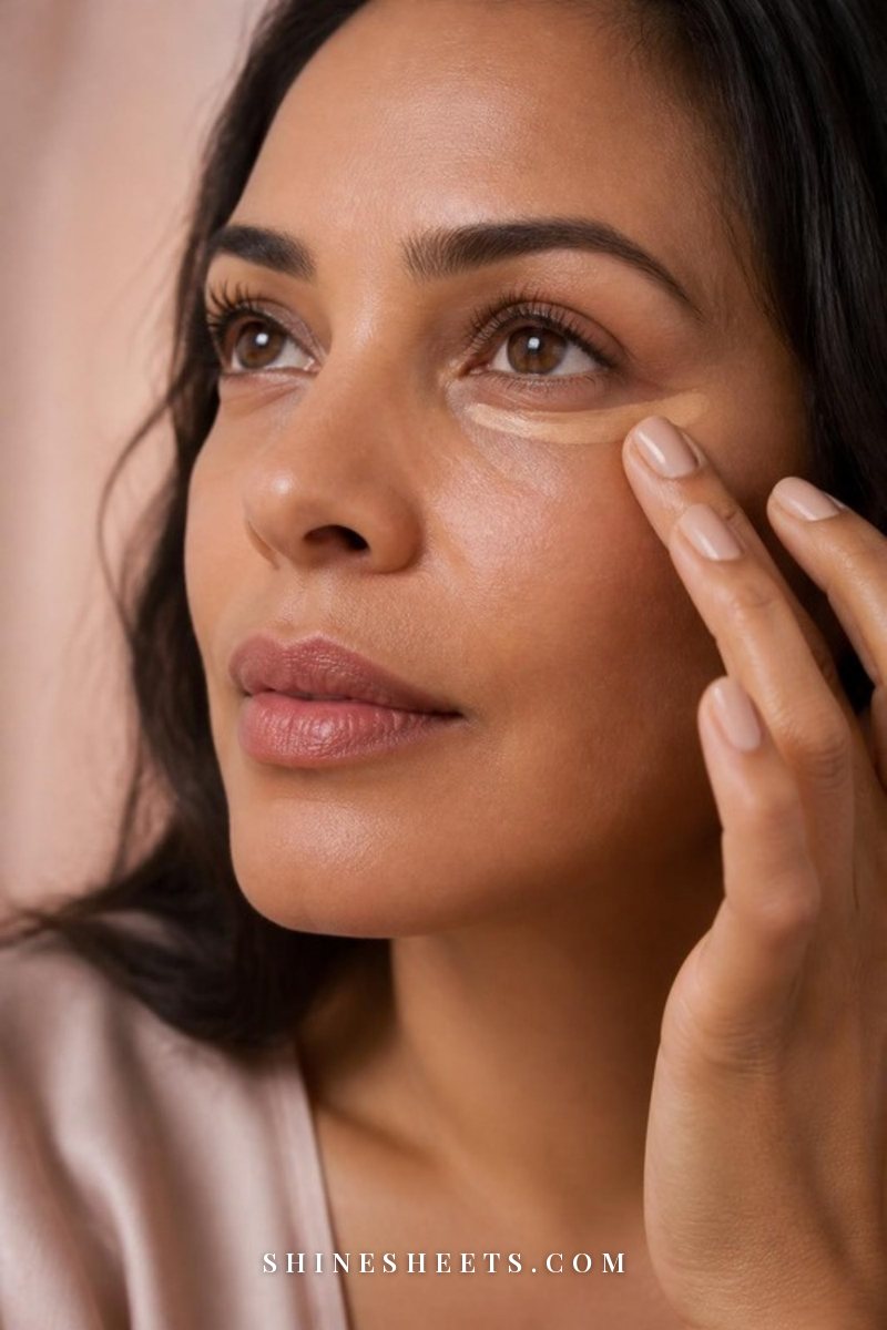 Close-up of a woman's eye with a thin line of light concealer placed only in the shadow below the under-eye puffiness