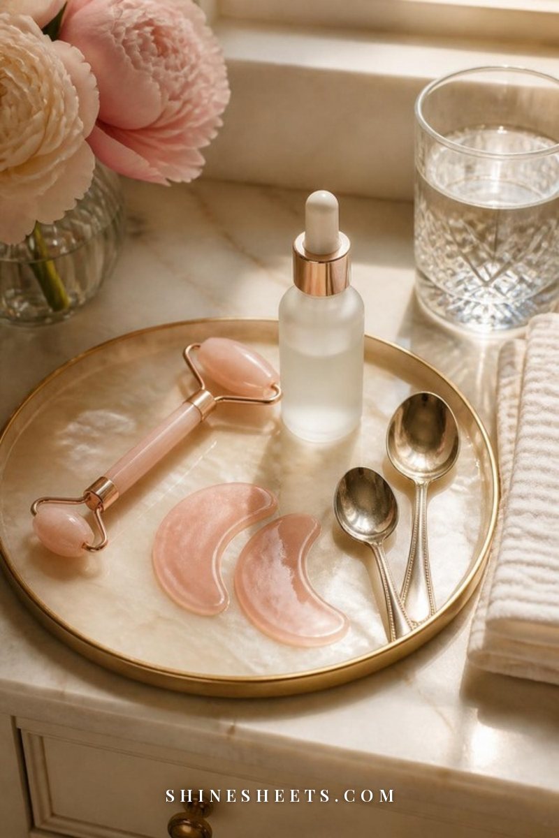 Cream marble vanity tray with cooling under-eye patches, a blush ice roller, a glass eye serum bottle and a folded white washcloth